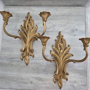 Syroco Wall Sconce Pair Gold Hollywood Regency Acanthus Leaf Vintage